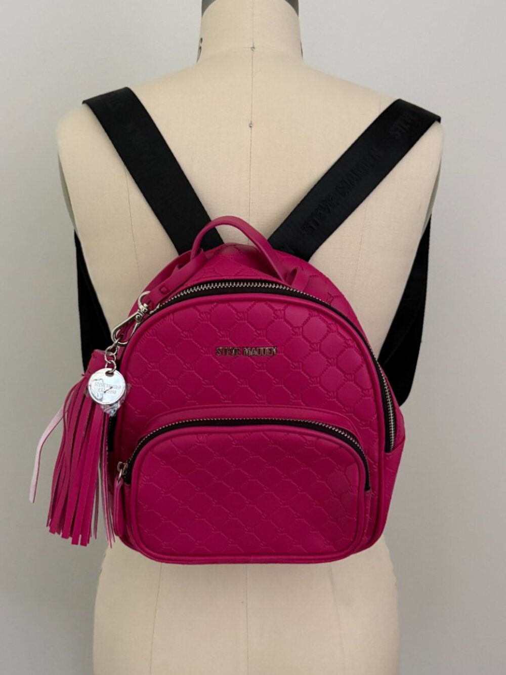 Steve Madden Fuchsia Pink Mini Backpack Quilted Logo Tassel Barbiecore Y2K Chic